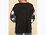 Women's Plaid Sleeve Contrast Knit Pullover - Black/White