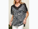 WOMEN'S LEOPARD PRINT KNIT TOP W BLACK LACE BLOCK DETAIL