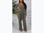 Junior Plus Ribbed Long Sleeve Jumpsuit with Front Tie - 2 Color Options