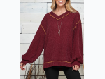 Women's Knit Solid Long Sleeve Loose Wide Neck Top - 3 Color Options