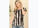 Women's Abstract Vertical Stripe Keyhole Back Top in Ivory & Black