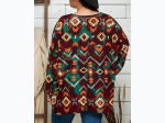 Plus Size Aztec Print Reverse Seam Poncho Style Tunic in Burgundy