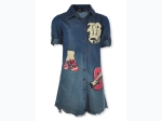 Girl's Button Down Varsity Patch Raw Hem Denim Dress w/ Pink