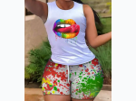 Women's Lip Print Tank Top and Ink Splash Print Short Set - 2 Color Options