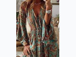 Women's Retro High Waist 3/4 Sleeve Bohemian Dress in Green