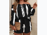 Plus Size Tie Dye Print Off The Shoulder Top Drawstring Short Set in Black and White