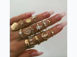 Women's Vintage Rhinestone Hamsa Cross Medallion 15pc Ring Set in Gold