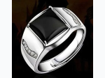 Men's Black Agate Four Prong Set Adjustable Ring in Silver