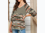 Women's Color Block V Neck 3/4 Sleeve Top In Olive Combo