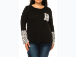 Plus Size Top with Animal Print Accent Pocket and Sleeve - 2 Color Options