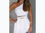 Women's One Shoulder Cutout Tie Waist Wide Leg Jumpsuit in White