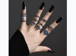 Women's Vintage Blue Gemstone Flower Heart Design 13pc Midi Ring Set