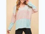 Plus Size Women's Taupe/Peach/Mint Colorblock V Neck Long Sleeve Top