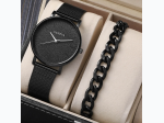 Men's Geneva Mesh Alloy Watch & Bracelet Set in All Black