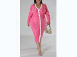 Plus Size V Neck Button Long Sleeve Dress In Pink