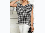 WOMEN'S V-NECK HOUNDSTOOTH 3/4 SLEEVE HI-LOW BLOUSE