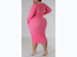 Plus Size V Neck Button Long Sleeve Dress In Pink