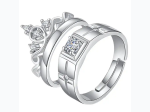 Couples Crown or Cross-Hatch Design Rhinestone Adjustable Ring - 2 Style Options