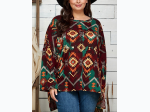 Plus Size Aztec Print Reverse Seam Poncho Style Tunic in Burgundy