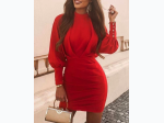 Women's Solid Lantern Sleeve Ruched Bodycon Dress in Red