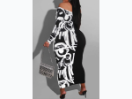 Plus Size Colorblock Off Shoulder Long Sleeve Maxi Dress in Black/Red