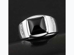 Men's Black Agate Four Prong Set Adjustable Ring in Silver