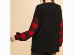 Women's Plaid Sleeve Contrast Knit Pullover - Black/Red