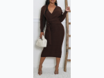 Women's Knit Cross V Neck Long Sleeve Midi Dress - 2 Color Options