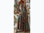 Women's Retro High Waist 3/4 Sleeve Bohemian Dress in Green