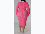 Plus Size V Neck Button Long Sleeve Dress In Pink