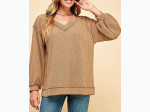 Women's Knit Solid Long Sleeve Loose Wide Neck Top - 3 Color Options