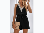 Women's Contrast Neckline Belted Sleeveless Pockets Romper - 2 Color Options