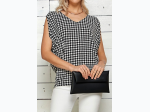 WOMEN'S V-NECK HOUNDSTOOTH 3/4 SLEEVE HI-LOW BLOUSE