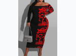 Plus Size Colorblock Off Shoulder Long Sleeve Maxi Dress in Black/Red