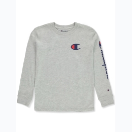 Boy's Champion Long Sleeve Arm Script Logo T-Shirt in Heather Grey