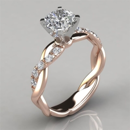 Women's Rose Gold Prong Set Braided 1/2 Channel Set Rhinestone Solitaire Ring