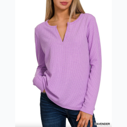 Women's Melange Baby Waffle Long Sleeve V-Neck Top - 3 Color Options