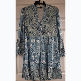 Women's V-Neck Long Sleeve Boho Floral Loose Midi Dress in French Blue