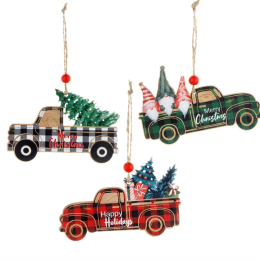 Wooden Plaid Truck Tree Ornament - 3 Color Options