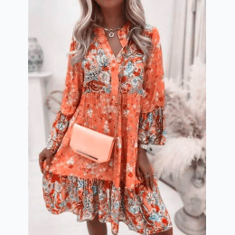 Womens V-Neck Long Sleeve Boho Floral Loose Midi Dress in Orange