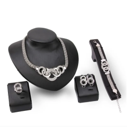 Women's Linked Circles Rhinestone 4pc Complete Jewelry Set in Silver