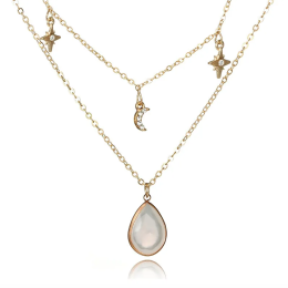 Women's Star Moon Faceted Tear Drop Layered Necklace in Gold