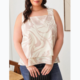 Plus Size Marbled Print Sleeveless Ruffle Hem Square Neck Top