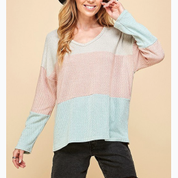 Women's Taupe/Peach/Mint Colorblock V Neck Long Sleeve Top