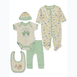 Unisex Baby 5pc Safari Animals Adventure Layette Set in Green