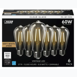 FEIT 6 Pack ST19 LED Clear Vintage Dimmable Soft White Light Bulbs