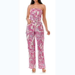 Women's Button Up Printed Tube Jumpsuit in Pink