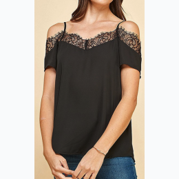 WOMEN'S CAMI STRAP LACE DETAIL OPEN SHOULDER TOP IN BLACK