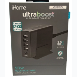 iHome Ultraboost 5 Port 18W 6.4 Amp USB Power Hub with USB C Port in Black