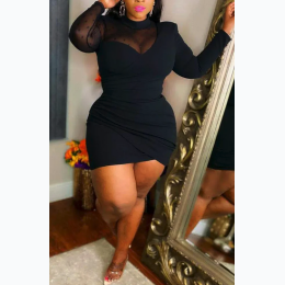 PLUS SIZE CONTRAST MESH RUCHED BODYCON DRESS in Black